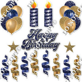15 pc Gold & Navy Blue Sparkle HBD Flair Package