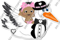 Baby Pink Dark Skin Tone Baby Girl Riding Stork in tuxedo w/ Variant