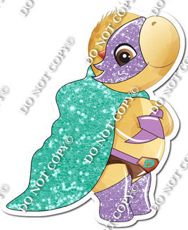 Yellow Dinosaur - Mint Cape - Lavender Shoes - Facing Sideways