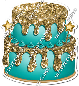 2 Tier Teal Cake with Gold Dollops