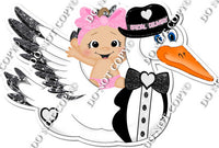 Baby Pink Light Skin Tone Baby Girl Riding Stork in tux w/ Variant