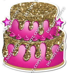 2 Tier Hot Pink Cake , Gold Dollops & Drip